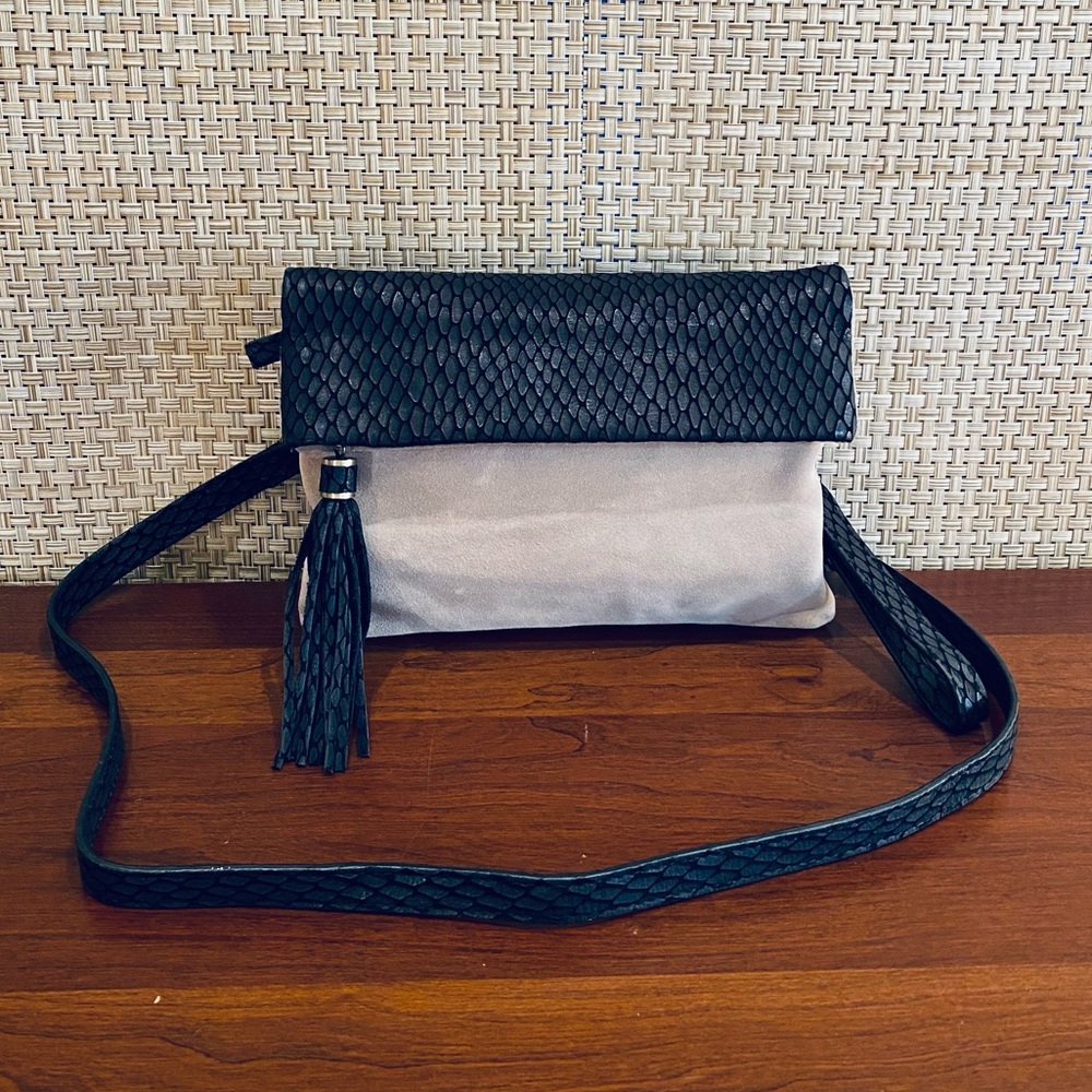 🌟2xHP🌟Black & Beige Textured Cowhide Leather & Suede Convertible Bag Art Hi…